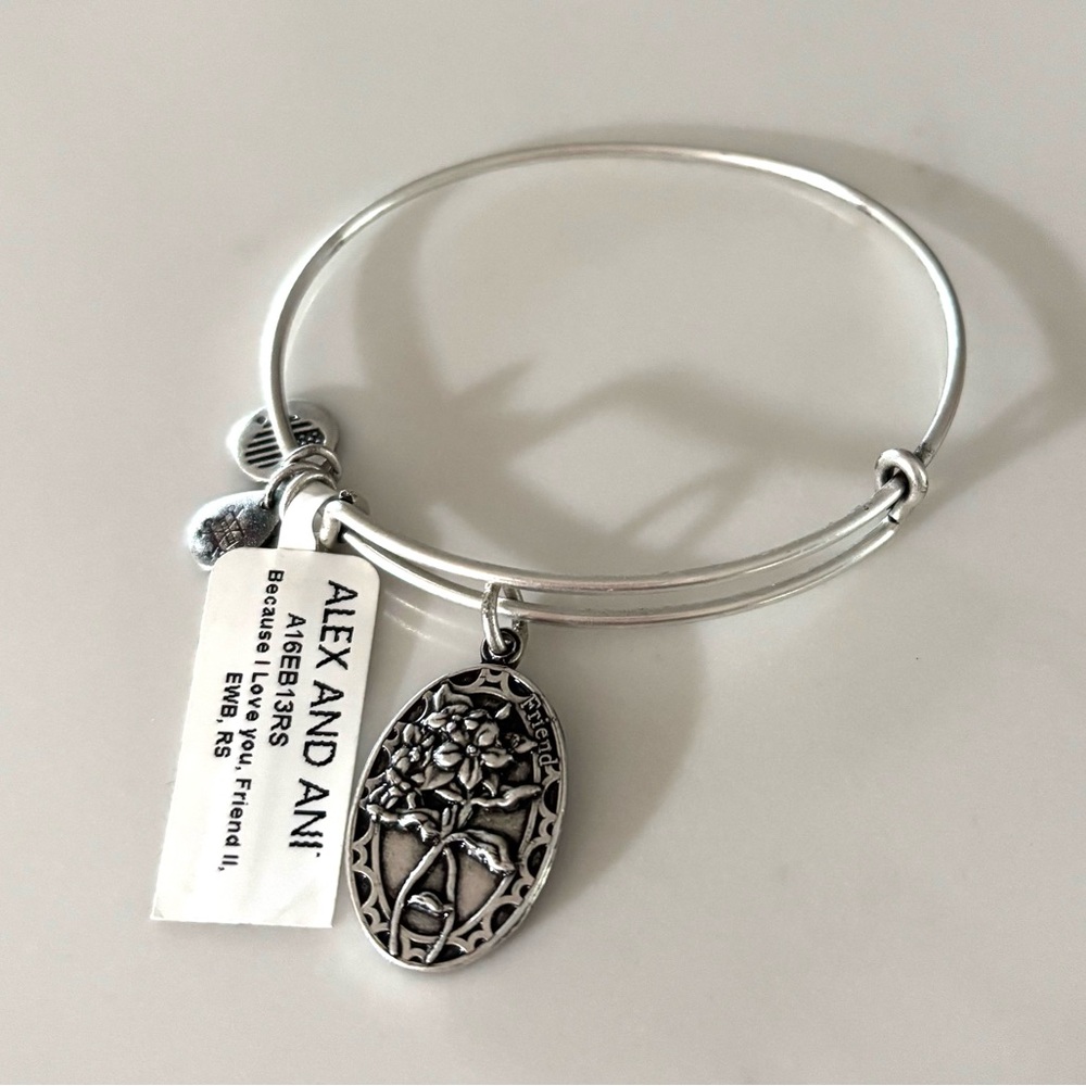 ALEX & ANI•silver “because I love you” friendship bangle charm bracelet NWT